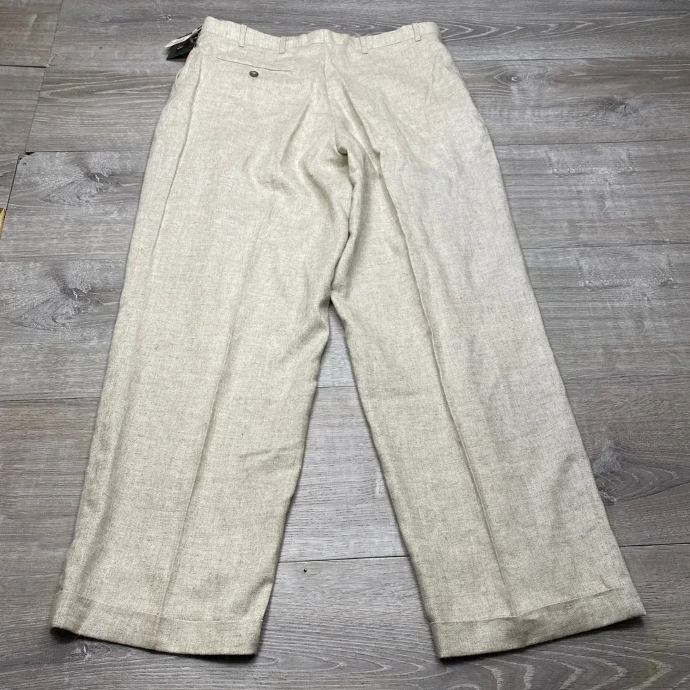 9 to 8 Pleated  Pants Mens 36x30 Beige Linen Blend Cuffed Vintage Beach Wide